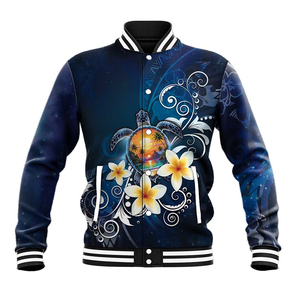 Hawaii Honu Baseball Jacket Polynesian Curves Plumeria LT05 Unisex Navy - Polynesian Pride