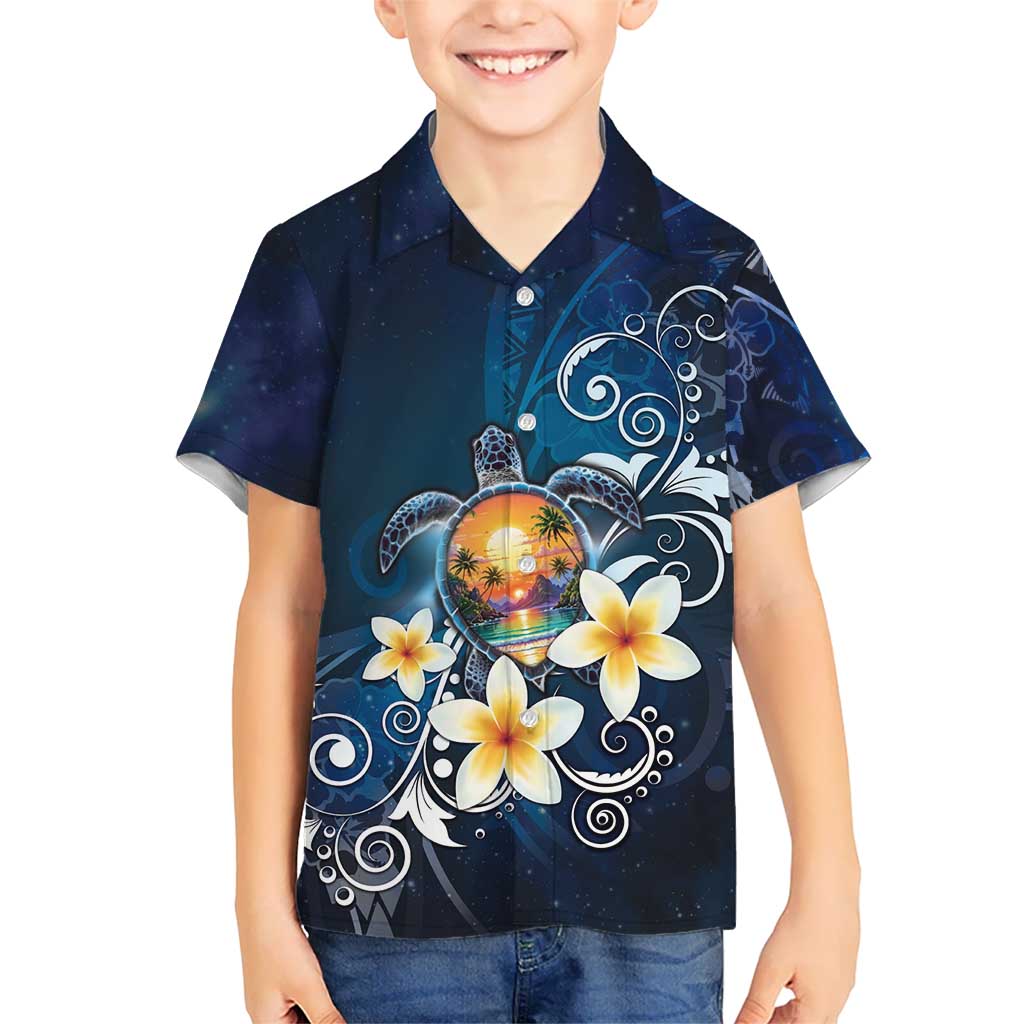 Hawaii Honu Kid Hawaiian Shirt Polynesian Curves Plumeria LT05 Kid Navy - Polynesian Pride
