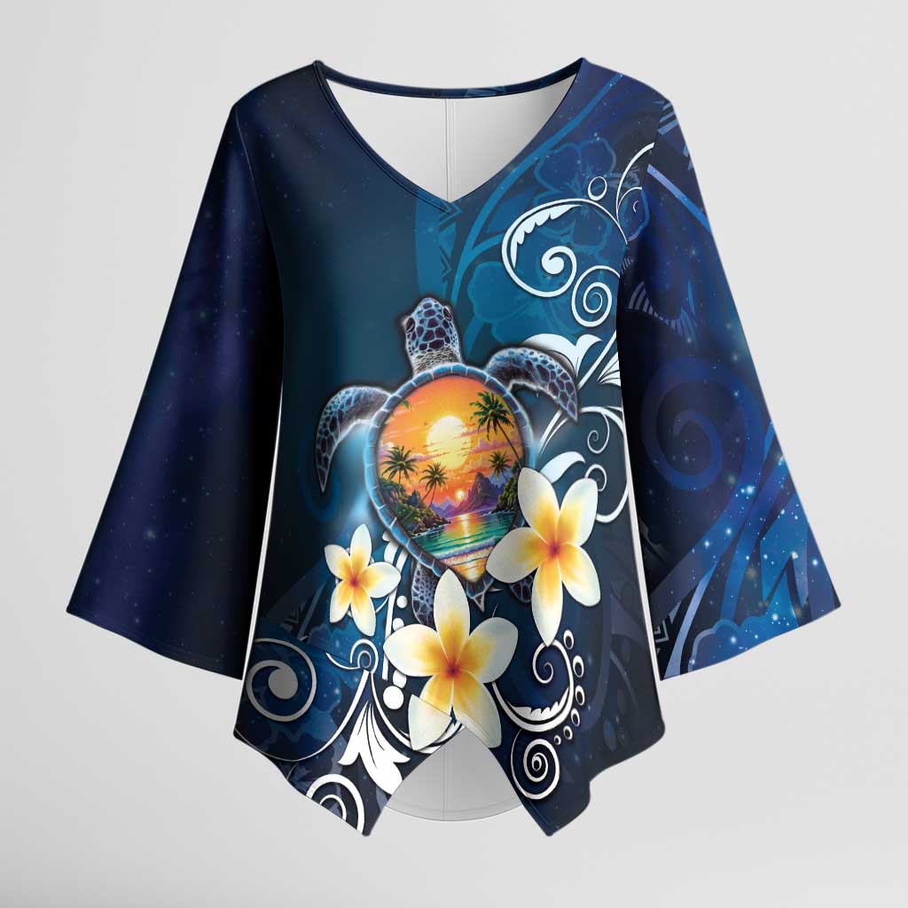Hawaii Honu Kimono Sleeve Blouse Polynesian Curves Plumeria LT05 Female Navy - Polynesian Pride