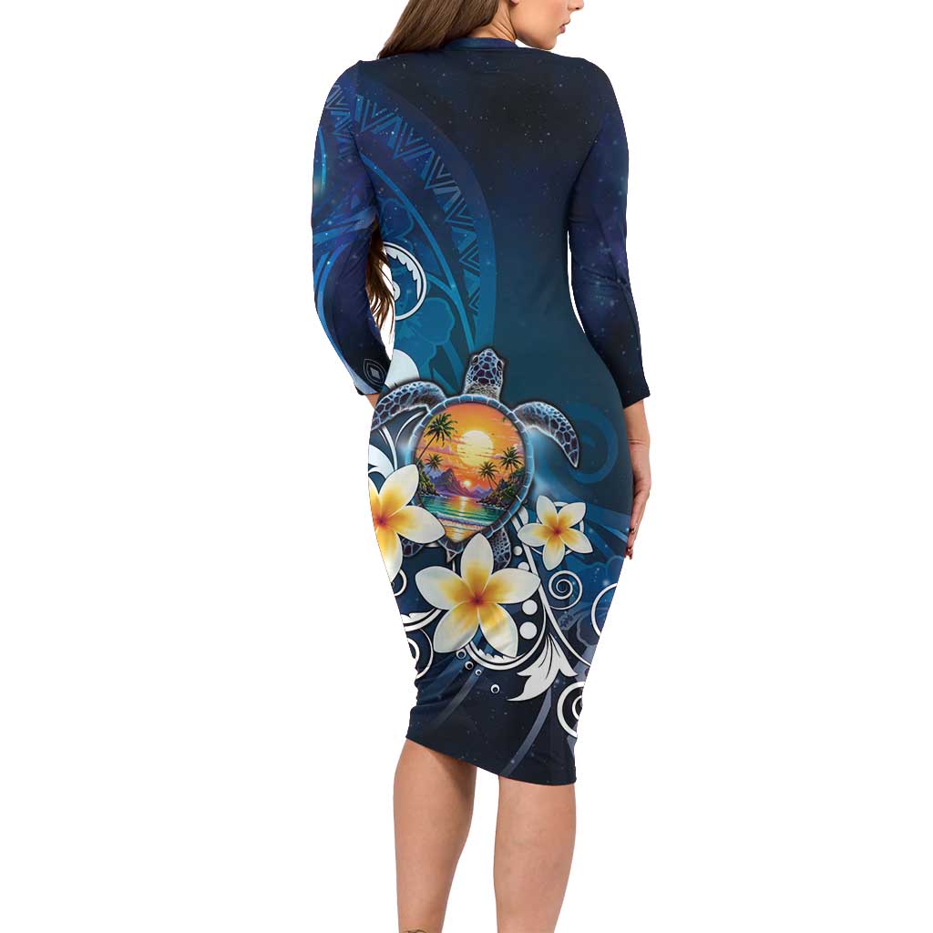 Hawaii Honu Long Sleeve Bodycon Dress Polynesian Curves Plumeria LT05 - Polynesian Pride