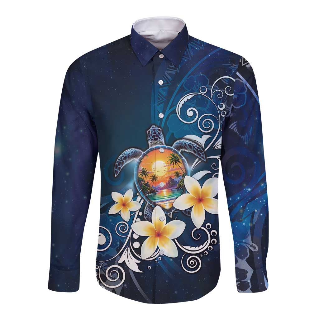 Hawaii Honu Long Sleeve Button Shirt Polynesian Curves Plumeria LT05 Unisex Navy - Polynesian Pride