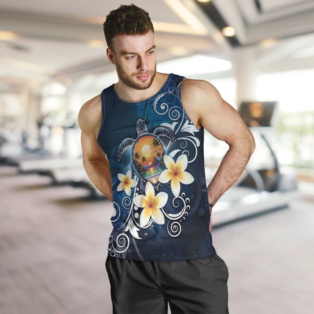 Hawaii Honu Men Tank Top Polynesian Curves Plumeria LT05 Navy - Polynesian Pride