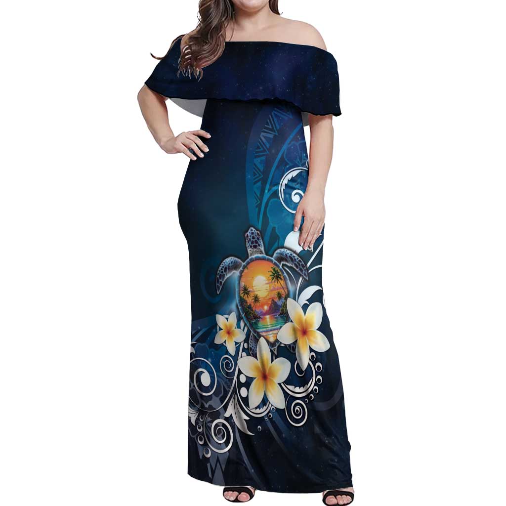 Hawaii Honu Off Shoulder Maxi Dress Polynesian Curves Plumeria LT05 Women Navy - Polynesian Pride