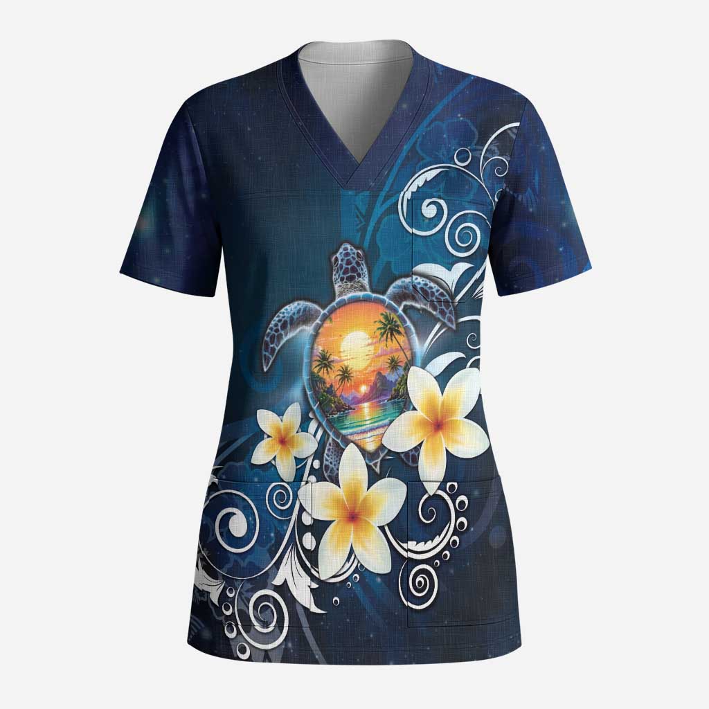 Hawaii Honu Scrub Top Polynesian Curves Plumeria LT05 Adult Navy - Polynesian Pride