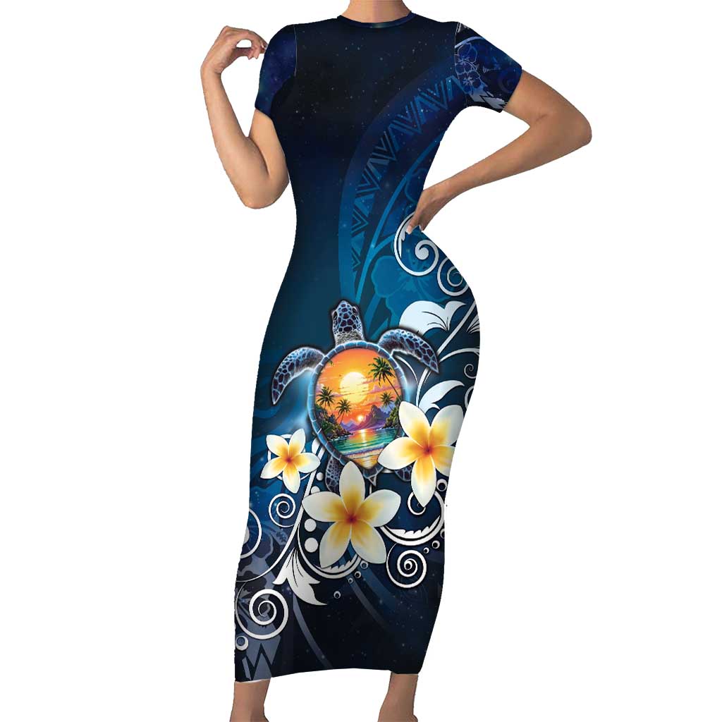 Hawaii Honu Short Sleeve Bodycon Dress Polynesian Curves Plumeria LT05 Long Dress Navy - Polynesian Pride