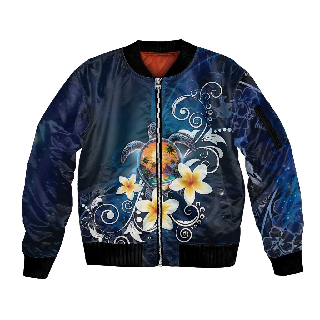 Hawaii Honu Sleeve Zip Bomber Jacket Polynesian Curves Plumeria LT05 Unisex Navy - Polynesian Pride