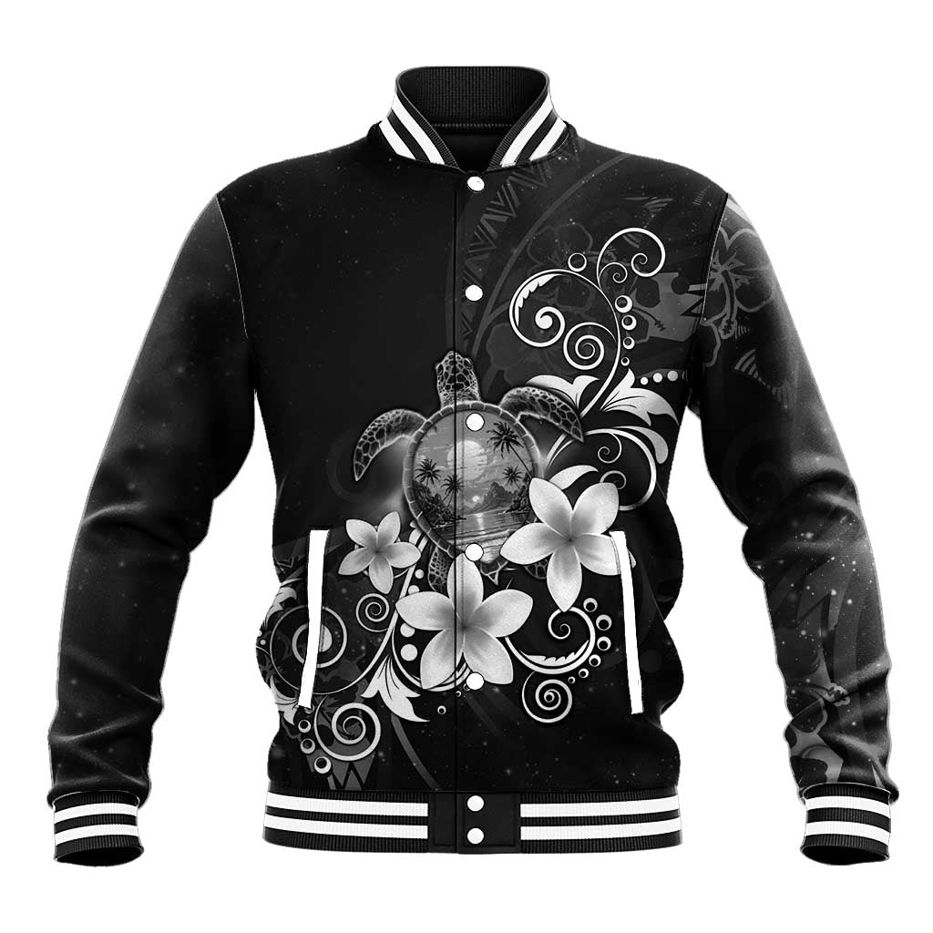Hawaii Honu Baseball Jacket Polynesian Curves Plumeria Grayscale LT05 Unisex Black - Polynesian Pride