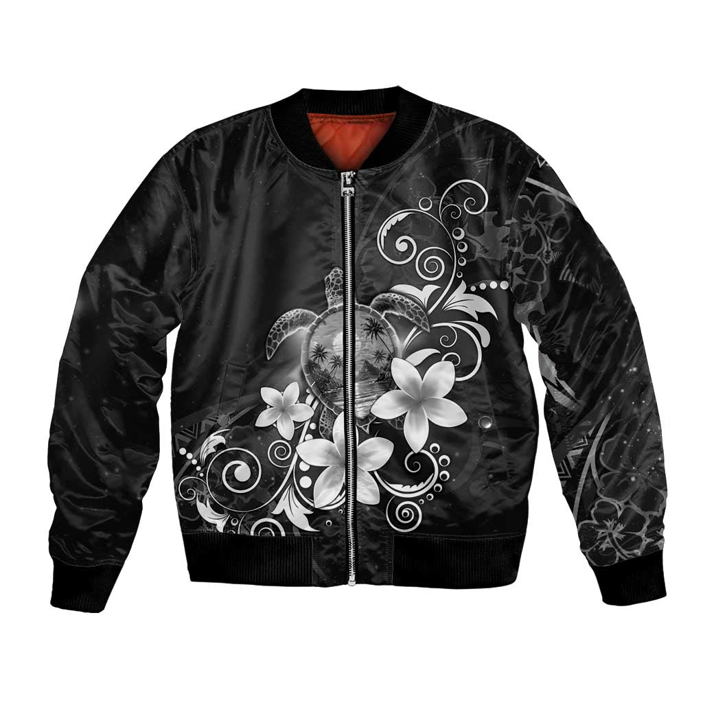 Hawaii Honu Bomber Jacket Polynesian Curves Plumeria Grayscale LT05 Unisex Black - Polynesian Pride