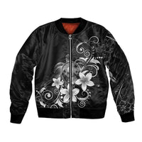 Hawaii Honu Bomber Jacket Polynesian Curves Plumeria Grayscale LT05 Unisex Black - Polynesian Pride