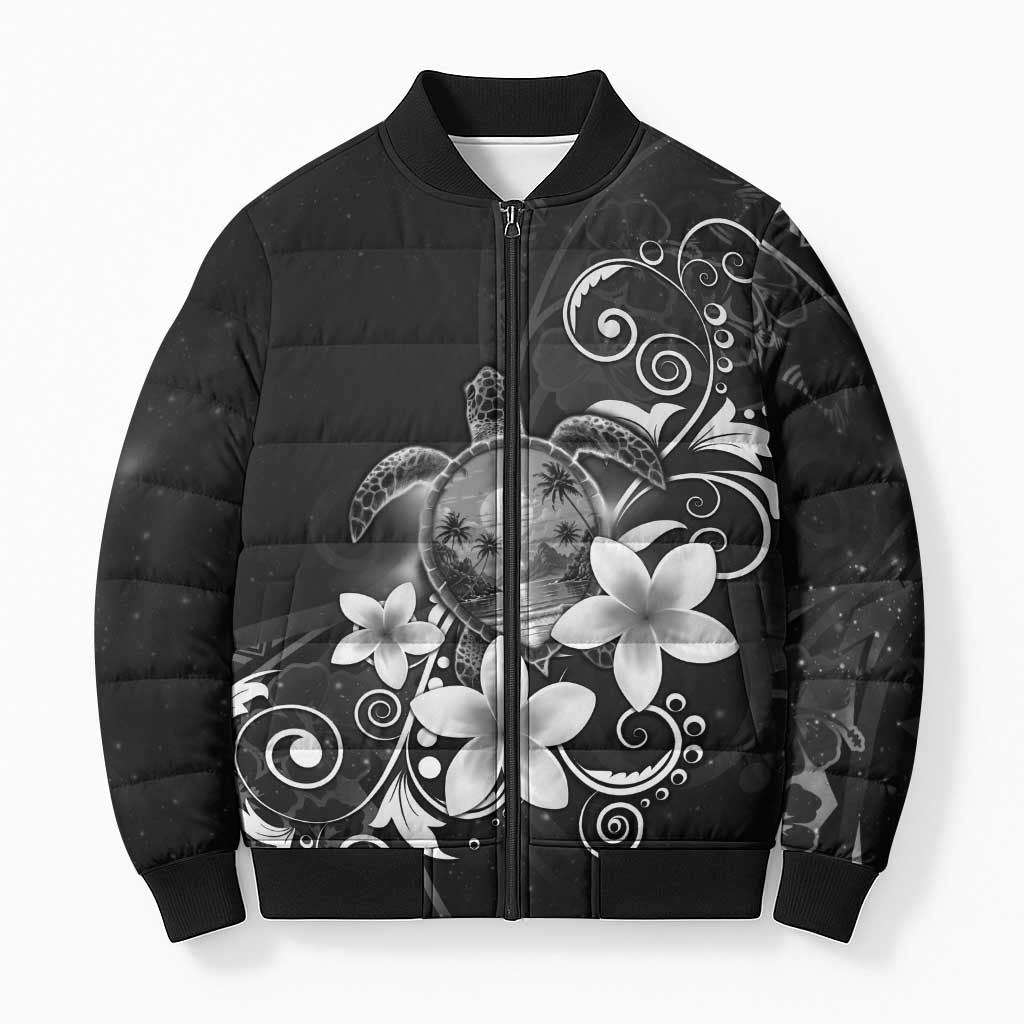 Hawaii Honu Bomber Puffer Jacket Polynesian Curves Plumeria Grayscale LT05 Unisex Black - Polynesian Pride