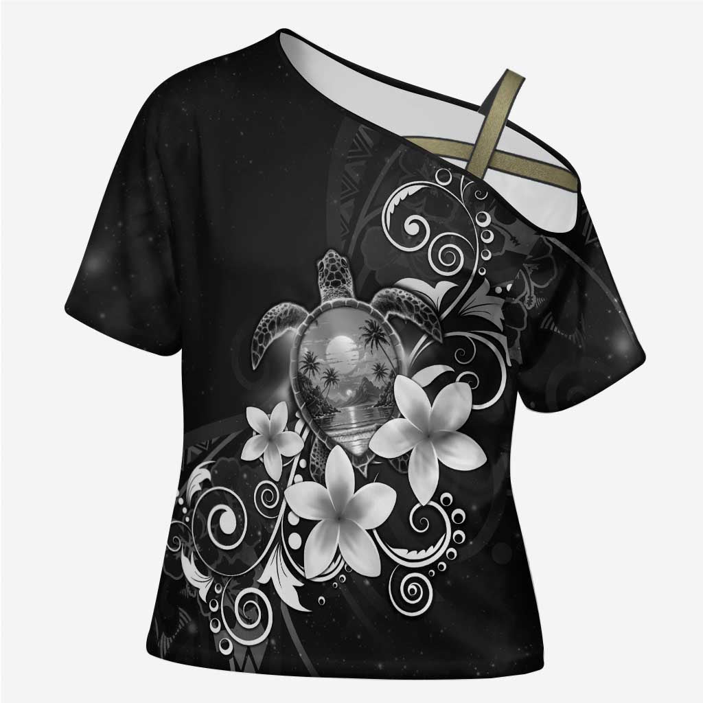 Hawaii Honu Cross Shoulder Shirt Polynesian Curves Plumeria Grayscale LT05 Female Black - Polynesian Pride