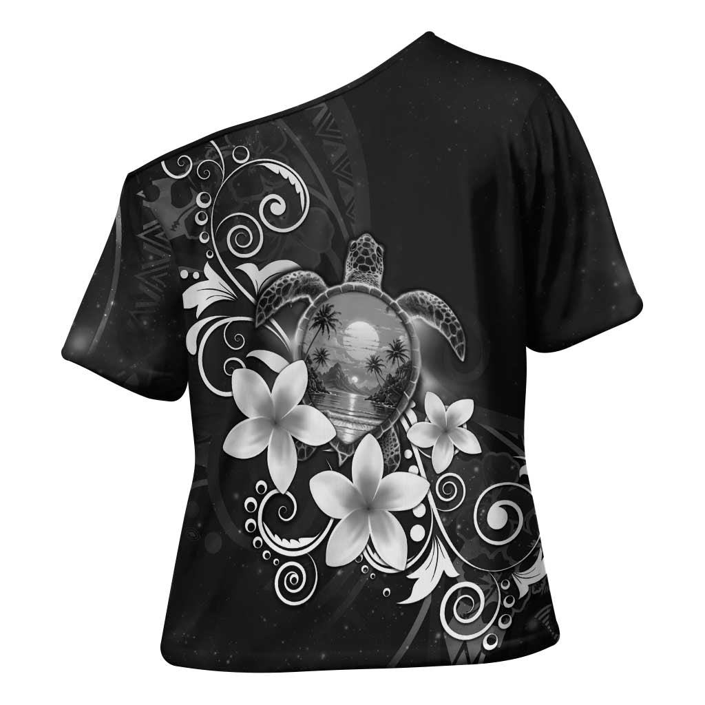 Hawaii Honu Cross Shoulder Shirt Polynesian Curves Plumeria Grayscale LT05 - Polynesian Pride