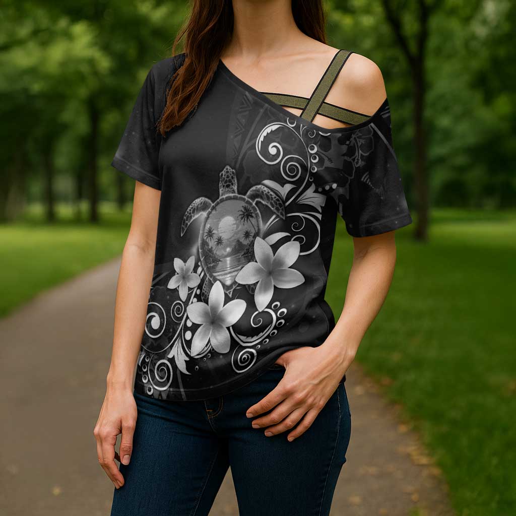 Hawaii Honu Cross Shoulder Shirt Polynesian Curves Plumeria Grayscale LT05 - Polynesian Pride