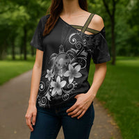 Hawaii Honu Cross Shoulder Shirt Polynesian Curves Plumeria Grayscale LT05 - Polynesian Pride