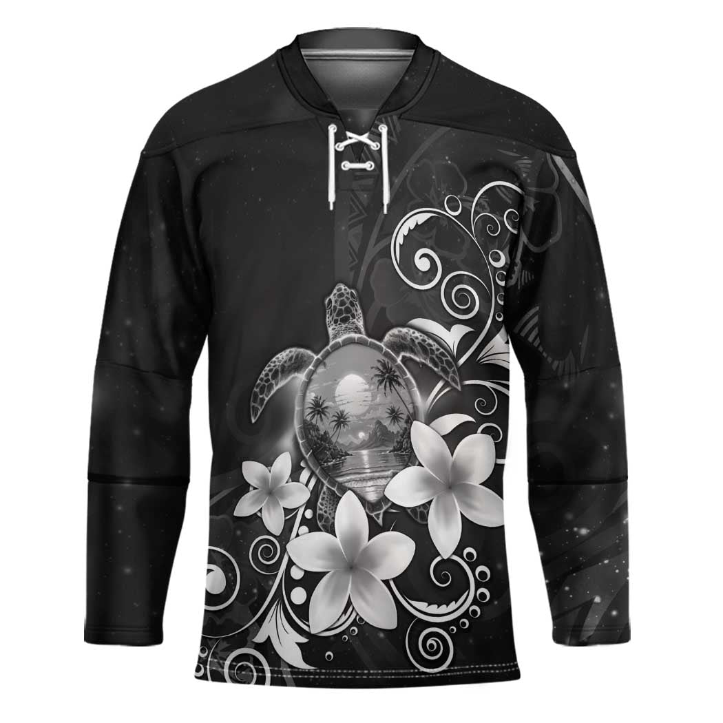 Hawaii Honu Hockey Jersey Polynesian Curves Plumeria Grayscale LT05 Unisex Black - Polynesian Pride