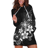 Hawaii Honu Hoodie Dress Polynesian Curves Plumeria Grayscale LT05 Black - Polynesian Pride