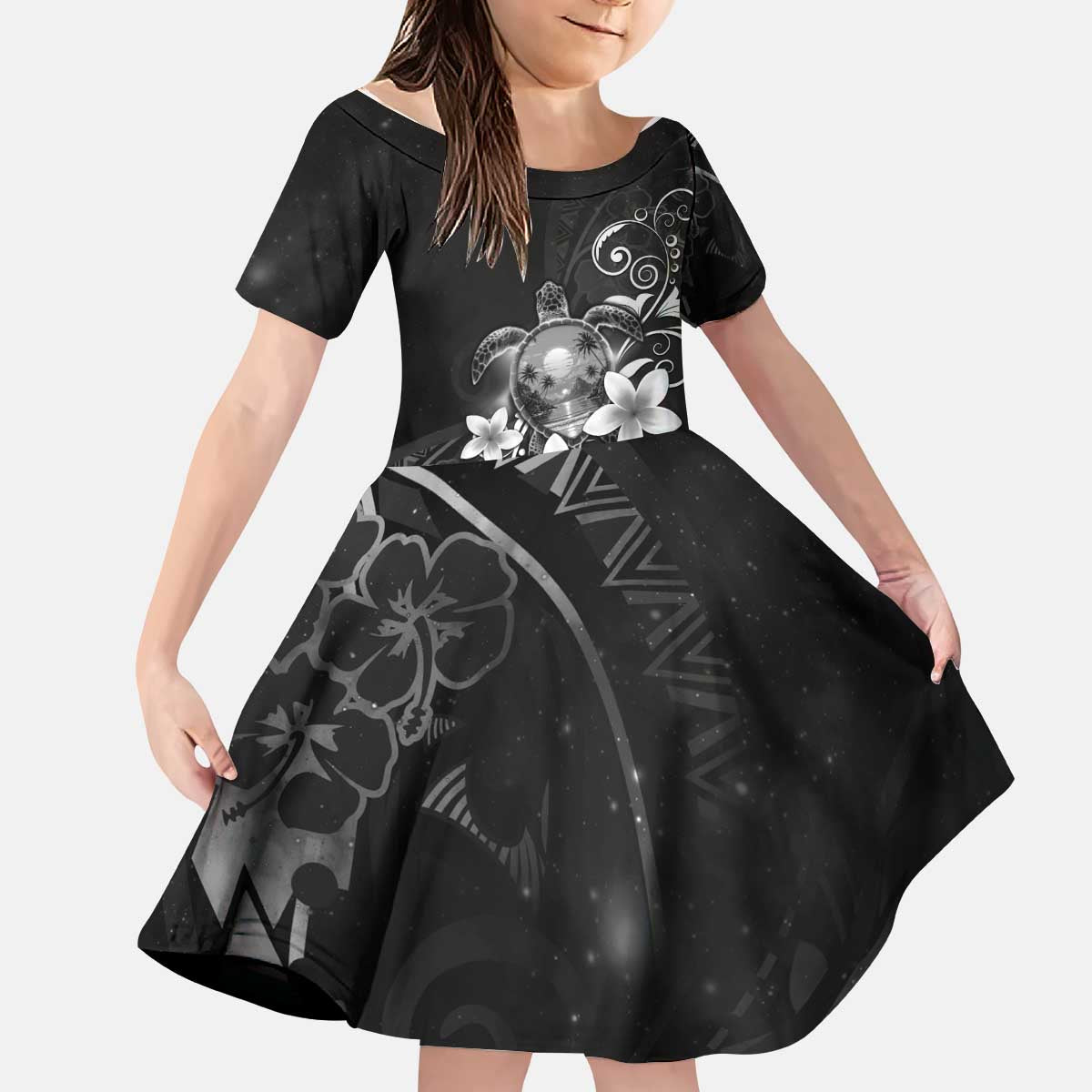Hawaii Honu Kid Short Sleeve Dress Polynesian Curves Plumeria Grayscale LT05 KID Black - Polynesian Pride