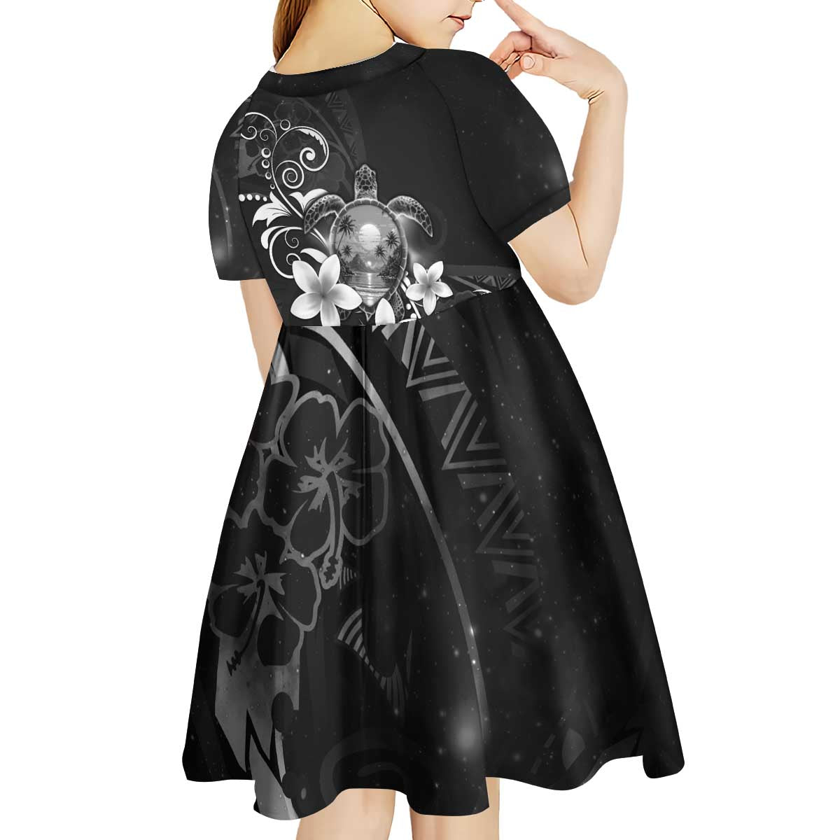 Hawaii Honu Kid Short Sleeve Dress Polynesian Curves Plumeria Grayscale LT05 - Polynesian Pride