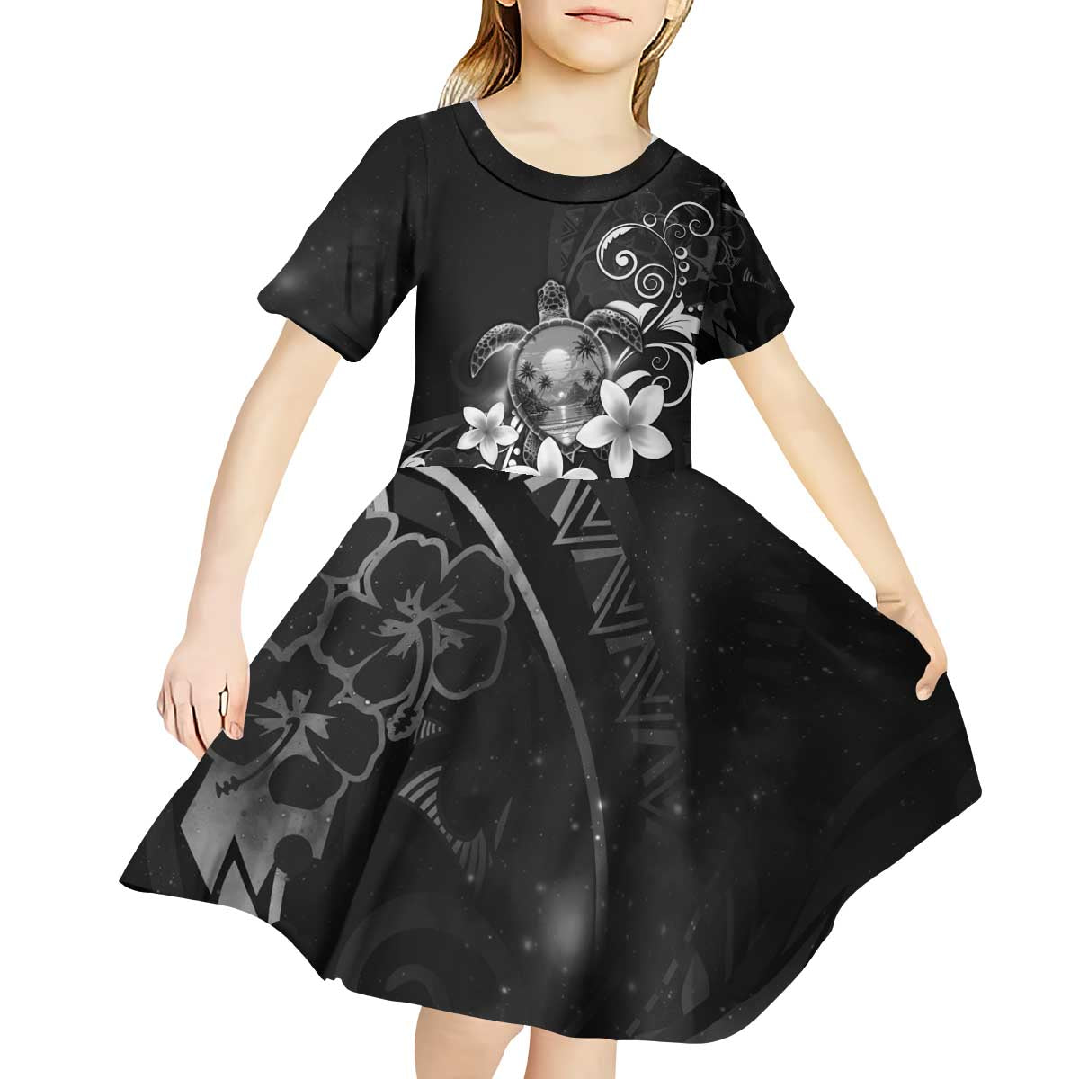 Hawaii Honu Kid Short Sleeve Dress Polynesian Curves Plumeria Grayscale LT05 - Polynesian Pride