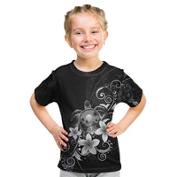 Hawaii Honu Kid T Shirt Polynesian Curves Plumeria Grayscale LT05 Black - Polynesian Pride