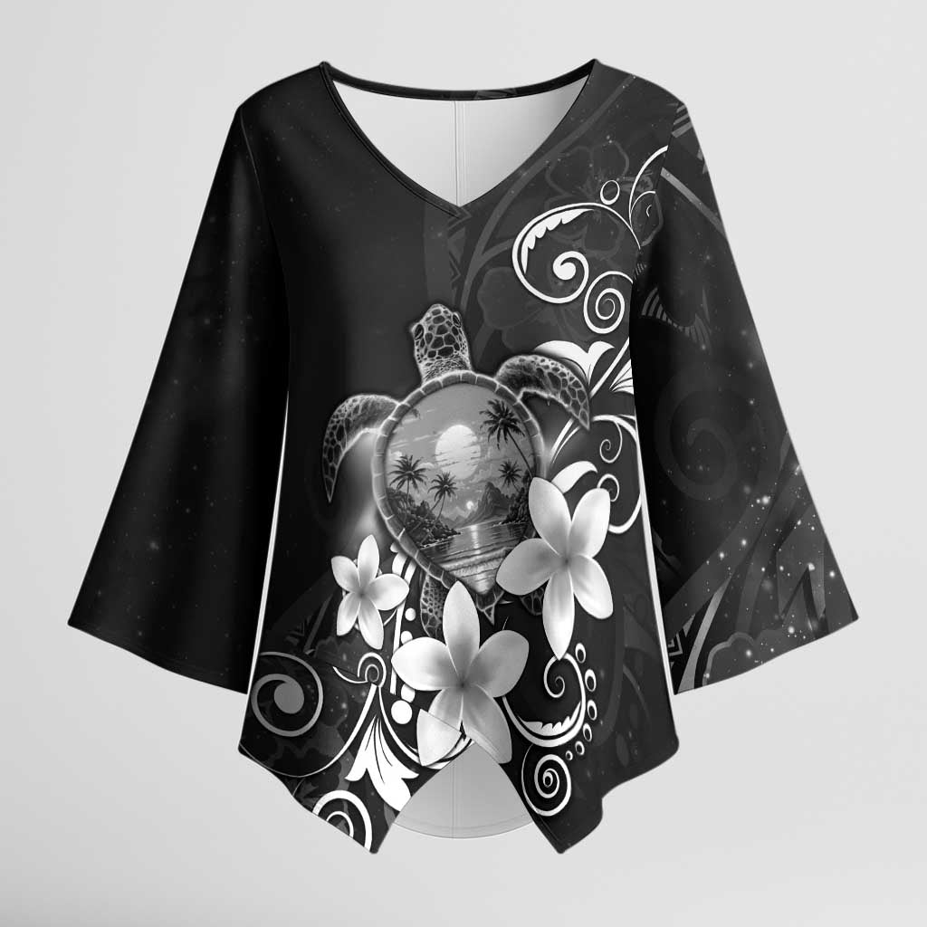 Hawaii Honu Kimono Sleeve Blouse Polynesian Curves Plumeria Grayscale LT05 Female Black - Polynesian Pride