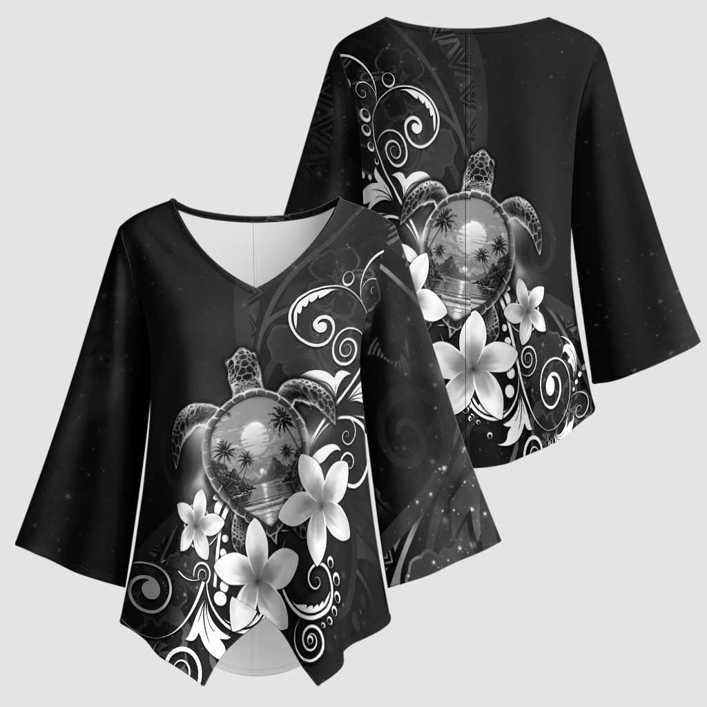 Hawaii Honu Kimono Sleeve Blouse Polynesian Curves Plumeria Grayscale LT05 - Polynesian Pride