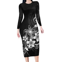 Hawaii Honu Long Sleeve Bodycon Dress Polynesian Curves Plumeria Grayscale LT05 Long Dress Black - Polynesian Pride
