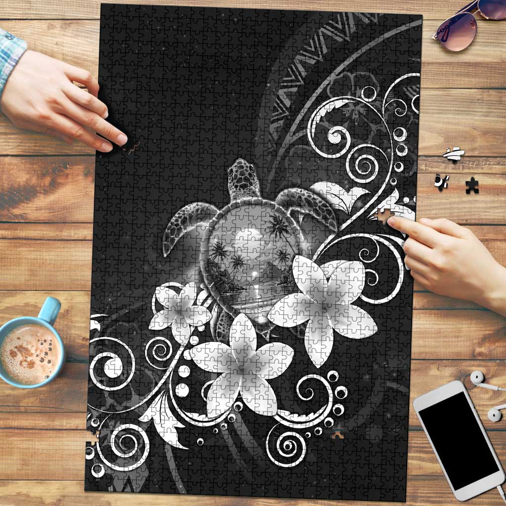 Hawaii Honu Puzzle Polynesian Curves Plumeria Grayscale LT05 Black - Polynesian Pride