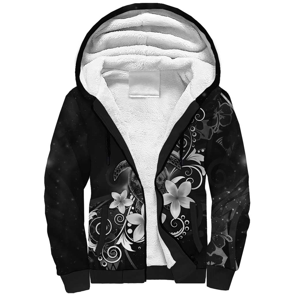 Hawaii Honu Sherpa Hoodie Polynesian Curves Plumeria Grayscale LT05 Unisex Black - Polynesian Pride