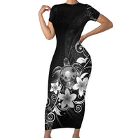 Hawaii Honu Short Sleeve Bodycon Dress Polynesian Curves Plumeria Grayscale LT05 Long Dress Black - Polynesian Pride