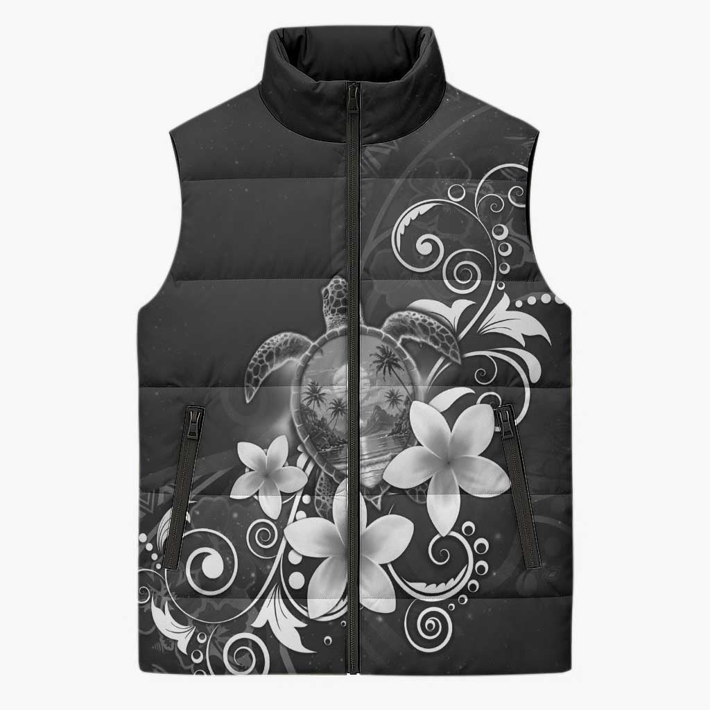 Hawaii Honu Sleeveless Puffer Jacket Polynesian Curves Plumeria Grayscale LT05 Unisex Black - Polynesian Pride
