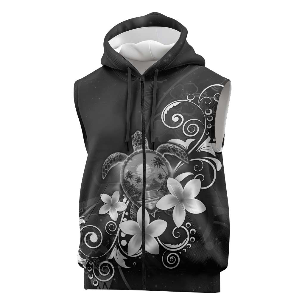 Hawaii Honu Sleeveless Zip Hoodie Polynesian Curves Plumeria Grayscale LT05 Black - Polynesian Pride