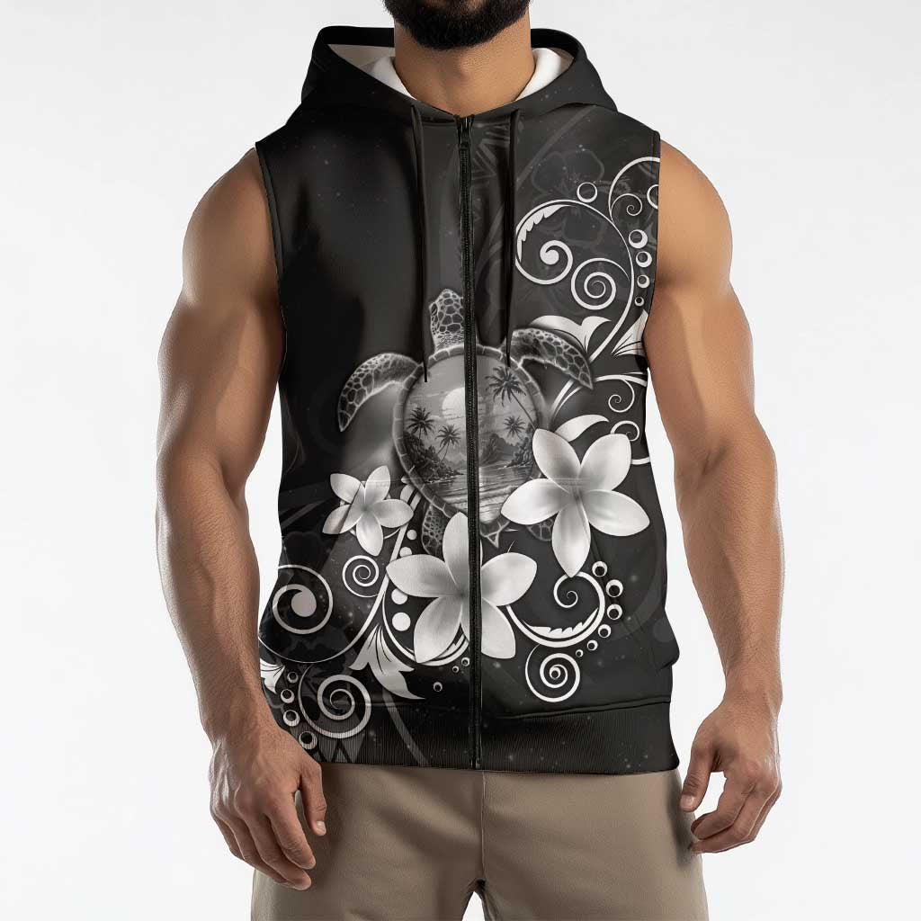 Hawaii Honu Sleeveless Zip Hoodie Polynesian Curves Plumeria Grayscale LT05 - Polynesian Pride