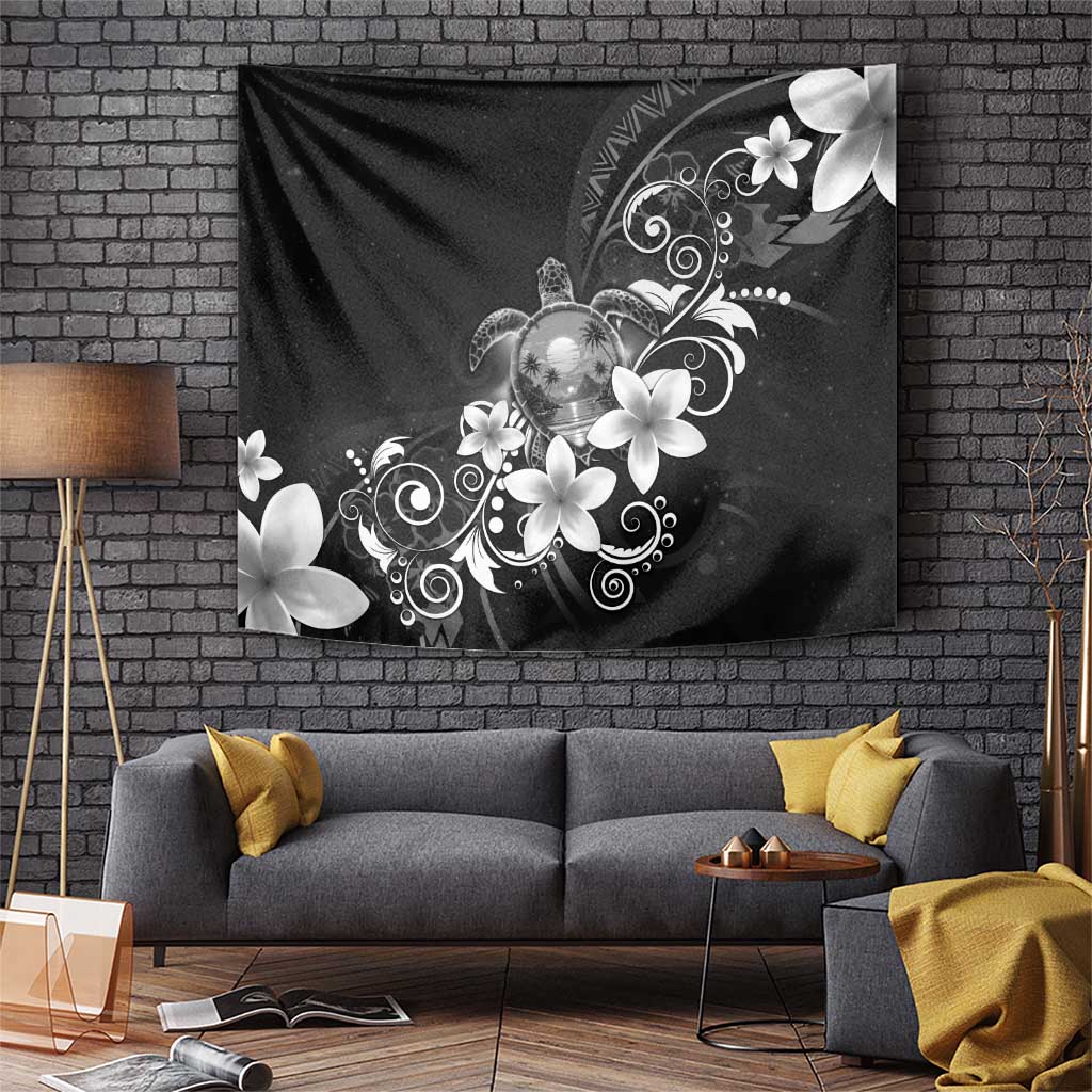 Hawaii Honu Tapestry Polynesian Curves Plumeria Grayscale LT05 Black - Polynesian Pride