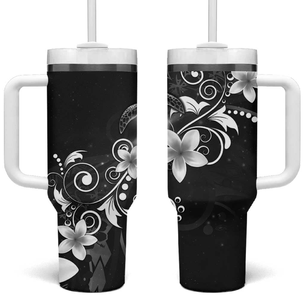 Hawaii Honu Tumbler With Handle Polynesian Curves Plumeria Grayscale LT05 One Size: 40 oz Black - Polynesian Pride
