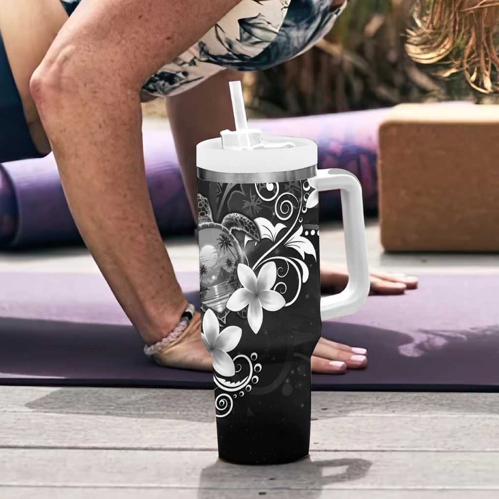 Hawaii Honu Tumbler With Handle Polynesian Curves Plumeria Grayscale LT05 - Polynesian Pride