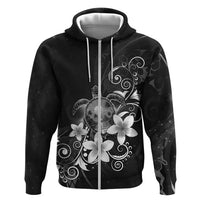 Hawaii Honu Zip Hoodie Polynesian Curves Plumeria Grayscale LT05 Zip Hoodie Black - Polynesian Pride