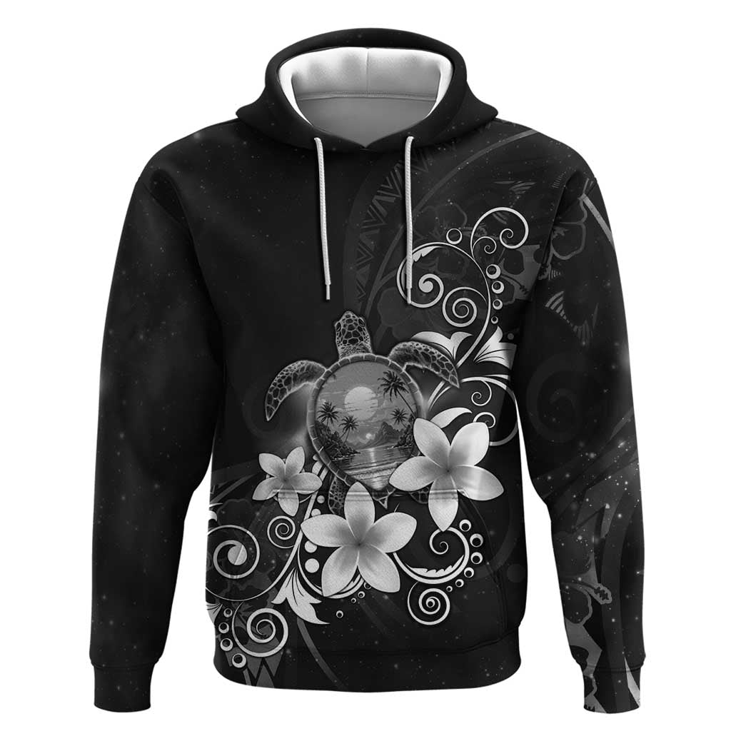 Hawaii Honu Zip Hoodie Polynesian Curves Plumeria Grayscale LT05 Pullover Hoodie Black - Polynesian Pride