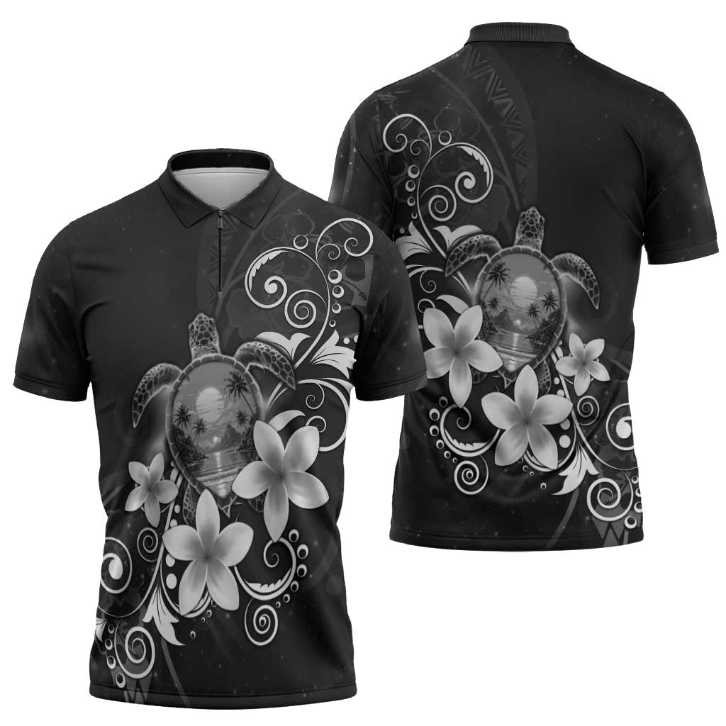 Hawaii Honu Zipper Polo Shirt Polynesian Curves Plumeria Grayscale LT05 - Polynesian Pride