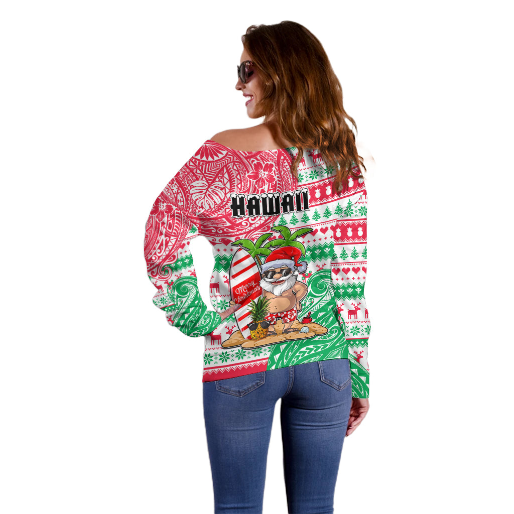 Hawaii Christmas Off Shoulder Sweater Santa Claus Surf Mele Kalikimaka LT05 - Polynesian Pride