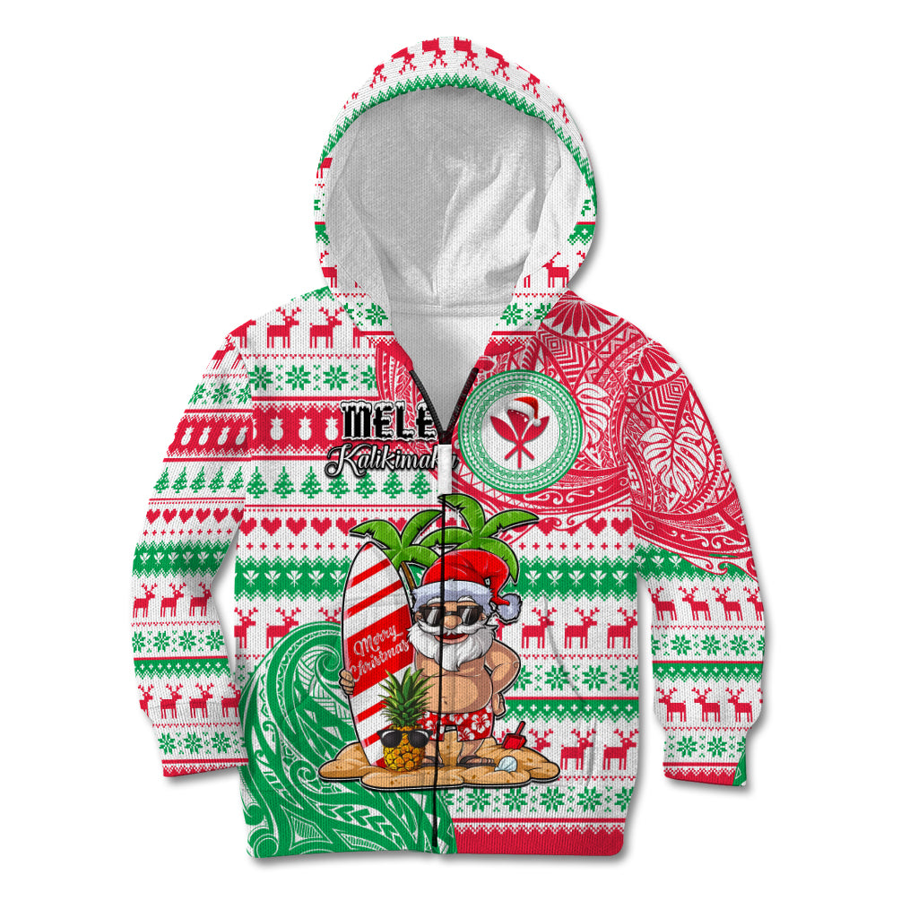 Personalized Hawaii Christmas Kid Hoodie Santa Claus Surf Mele Kalikimaka LT05 Zip Hoodie Red - Polynesian Pride