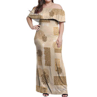 Vintage Lapita Off Shoulder Maxi Dress Iconic Double Face Pattern Beige LT05 Women Beige - Polynesian Pride