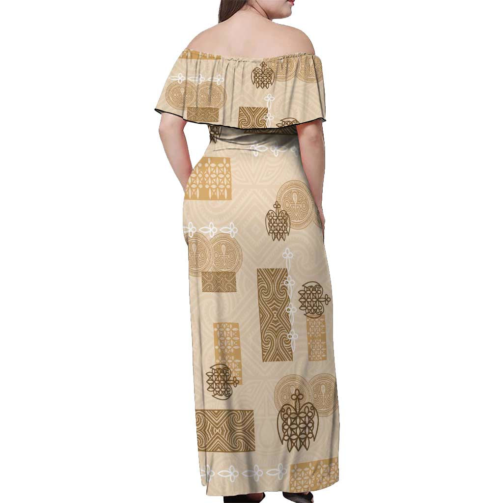 Vintage Lapita Off Shoulder Maxi Dress Iconic Double Face Pattern Beige LT05 - Polynesian Pride