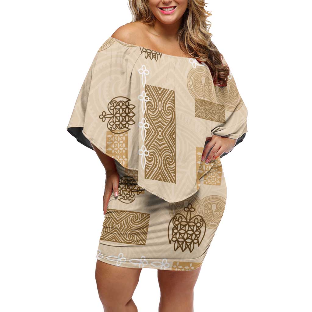 Vintage Lapita Off Shoulder Short Dress Iconic Double Face Pattern Beige LT05 Women Beige - Polynesian Pride