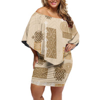 Vintage Lapita Off Shoulder Short Dress Iconic Double Face Pattern Beige LT05 Women Beige - Polynesian Pride