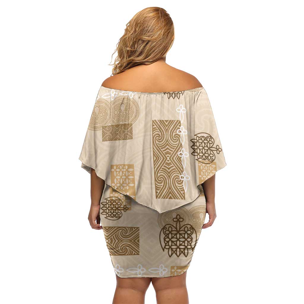 Vintage Lapita Off Shoulder Short Dress Iconic Double Face Pattern Beige LT05 - Polynesian Pride
