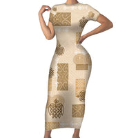 Vintage Lapita Short Sleeve Bodycon Dress Iconic Double Face Pattern Beige LT05 Long Dress Beige - Polynesian Pride