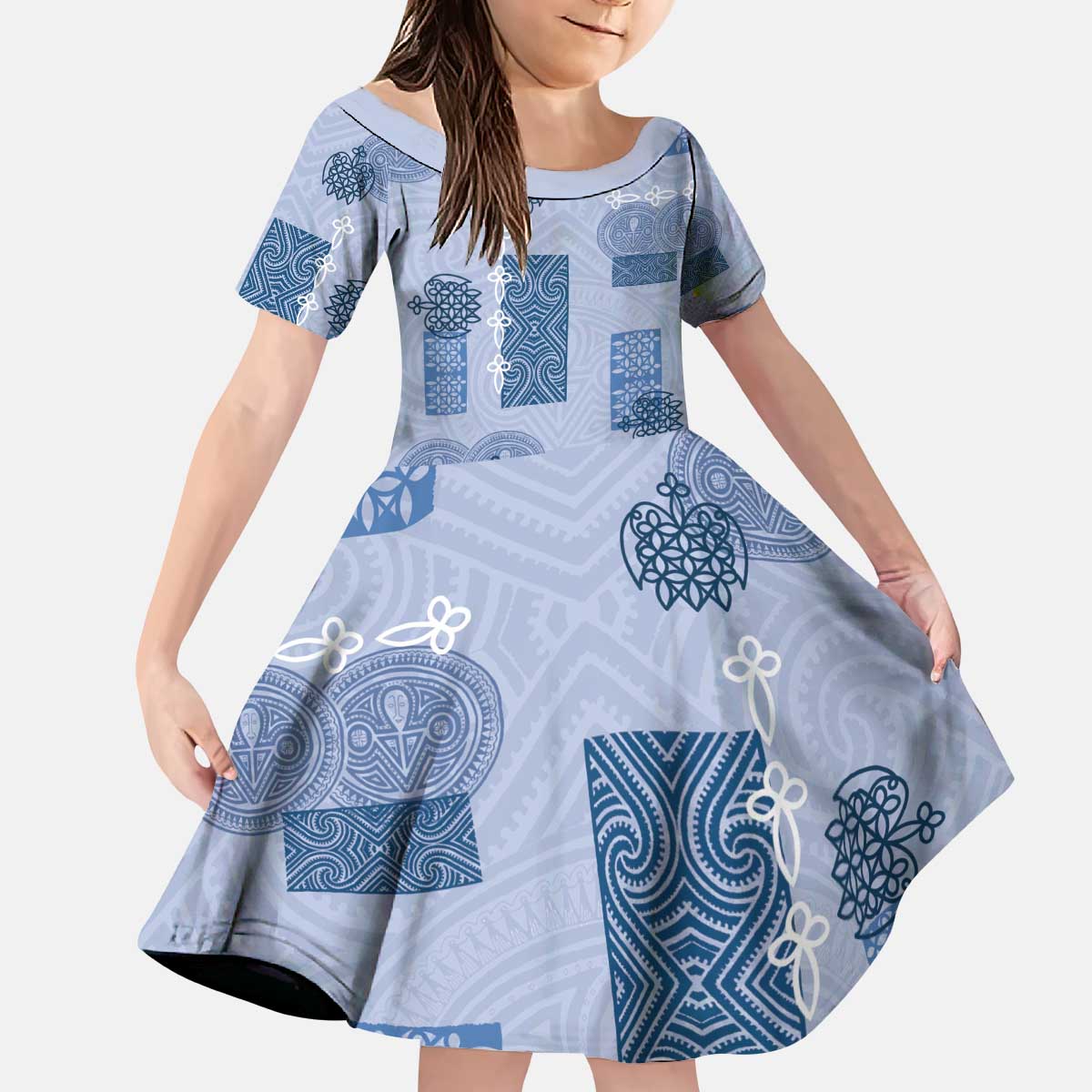 Vintage Lapita Kid Short Sleeve Dress Iconic Double Face Pattern Blue LT05 KID Blue - Polynesian Pride