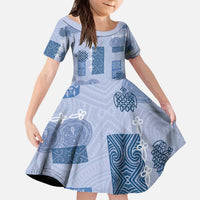 Vintage Lapita Kid Short Sleeve Dress Iconic Double Face Pattern Blue LT05 KID Blue - Polynesian Pride