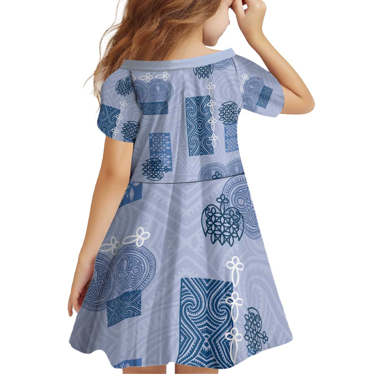 Vintage Lapita Kid Short Sleeve Dress Iconic Double Face Pattern Blue LT05 - Polynesian Pride